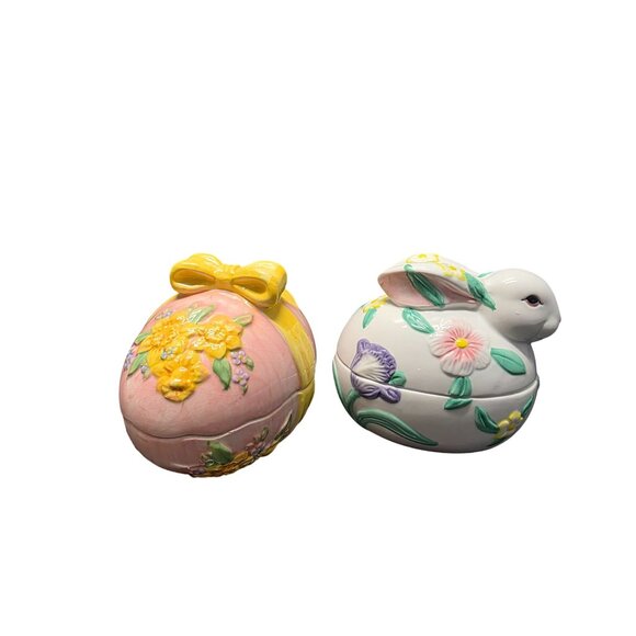 Two Ceramic Easter Egg & Bunny Shaped Trinket Box - Picture 1 of 8
